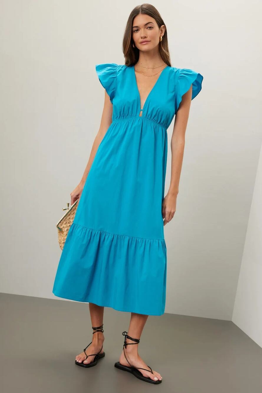 Rails Tina Dress Short Flutter Sleeve V-Neck Midi A-Line Cotton Poplin Blue XS
